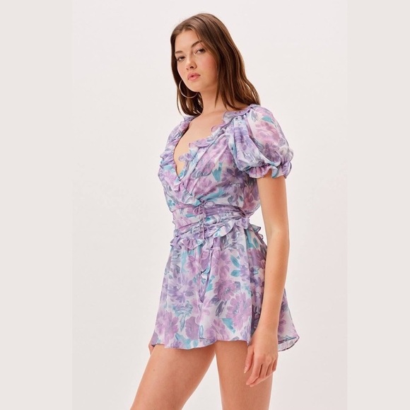 NWT For Love & Lemons Shelly Floral Lilac Ruffled Mini Puff Sleeve DressMSRP$236 - Picture 9 of 16